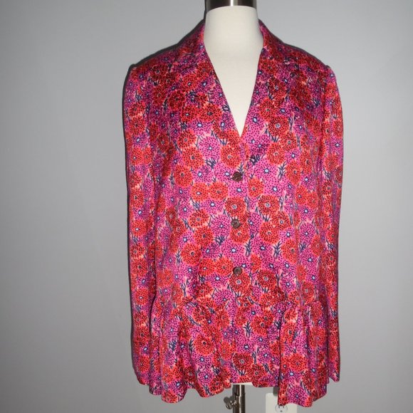 $2190 Lela Rose Wave Flounce Peplum Floral Pink Blazer Button Jacket Light Coat - Picture 5 of 12